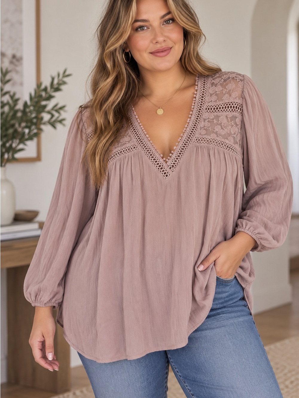 John Paul Richard 3X Mauve Lace Boho Peasant Blouse Rayon - Picture 10 of 10